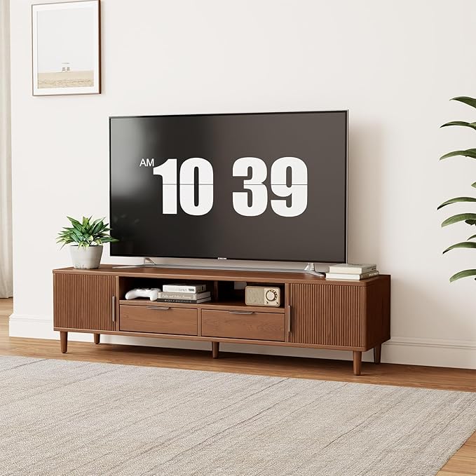 Mid Century Modern TV Stand for TVs Up to 65 in- Wooden Fluted Entertainment Center Low Profile TV Console with Cabinet, Drawers and Shelf, Media Console for Living Room