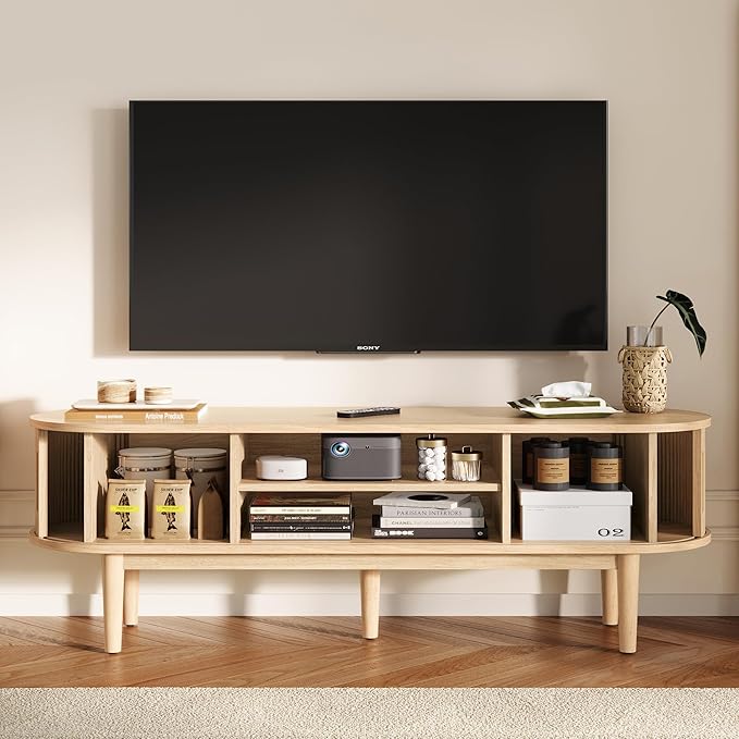 LINSY 58" Fluted TV Stand, Modern Entertainment Center for TVs Up to 65 inches, TV Console with Sliding Doors, Curved Profile Design, Media Console for Living Room, Light Wood