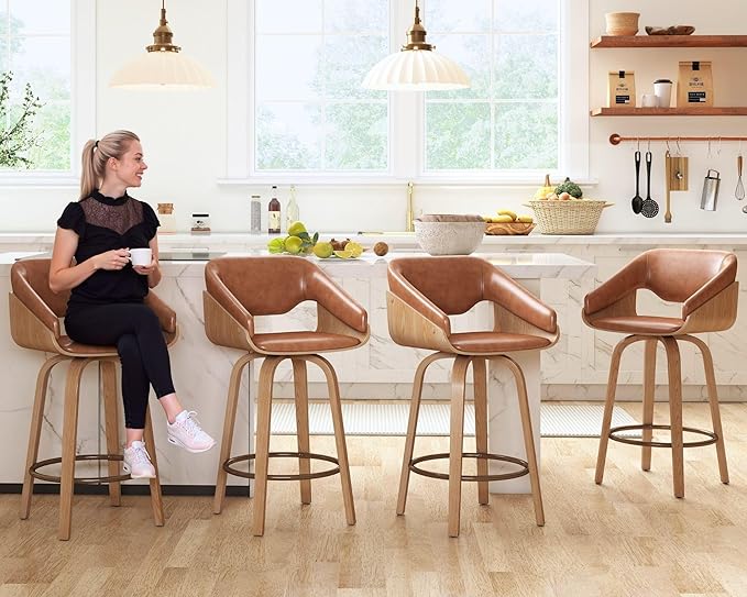 HNY 26 Inch Swivel Bar Stools with Back Set of 6, Brown Faux Leather Upholstered Counter Height Barstools with Solid Bentwood Frame, Round Footrest, Modern Barrel Counter Stools for Kitchen Island
