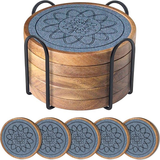 5 Pack Absorbent Coasters for Coffee Table with Holder, Wood Coasters with Felt Pads, Non-Slip, Non-Stick, Suit for Kinds of Cups 4.3 inch (Gray)