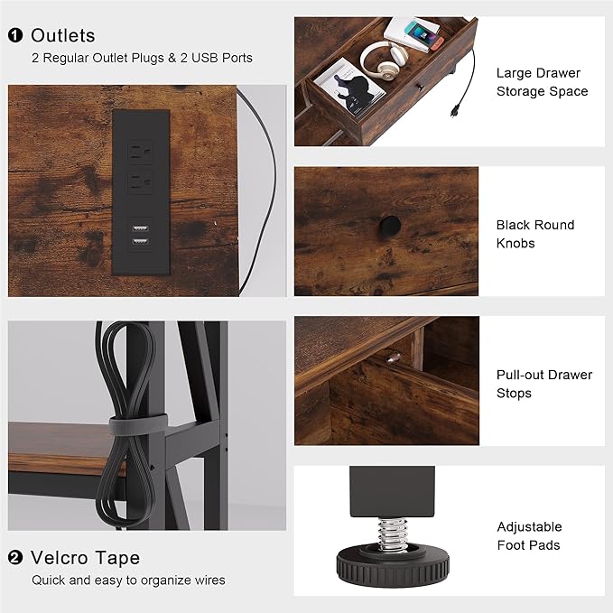 Mexin 47 Inch Console Table with 2 Outlet and 2 USB Ports, Entryway Table with Drawer and Storage Shelves, Narrow Sofa Table for Living Room and Hallway, Vintage Brown