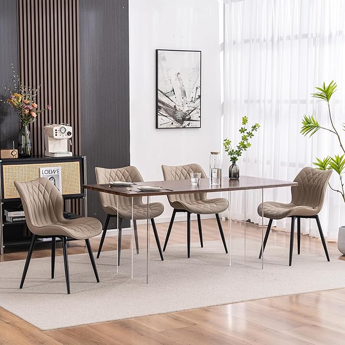 YOUNIKE Dining Chairs Set of 2, Upholstered Leather Kitchen Dining Room Chairs, Modern Living Room Chairs with Wide Curved Back and Metal Legs, Khaki Taupe