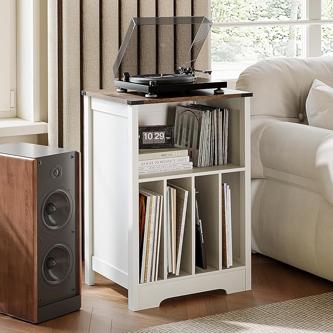 ChooChoo Record Player Stand, Vinyl Record Storage Cabinet, Turntable Stand Holds up to 160 Albums, Record Player Table Display Shelf for Living Room, Bedroom, Office, Rustic White