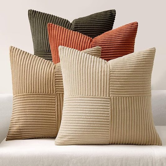 MIULEE Rust-Olive Green Decorative Throw Pillow Covers 20x20 Inch Set of 4 Boho Color-Clash Cushion Cases Farmhouse Pillow Cases Corduroy Striped Fall Home Decor for Couch Sofa Living Room Bed