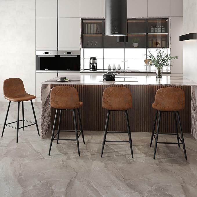 Modern Bar Stools Set of 2,Brown Techno-Fabric Counter Height Bar Stools,24.6" Bar Chairs with Back Metal Footrest,Modern Counter Stool with Back and Footrest for Kitchen Island Restaurants Pubs