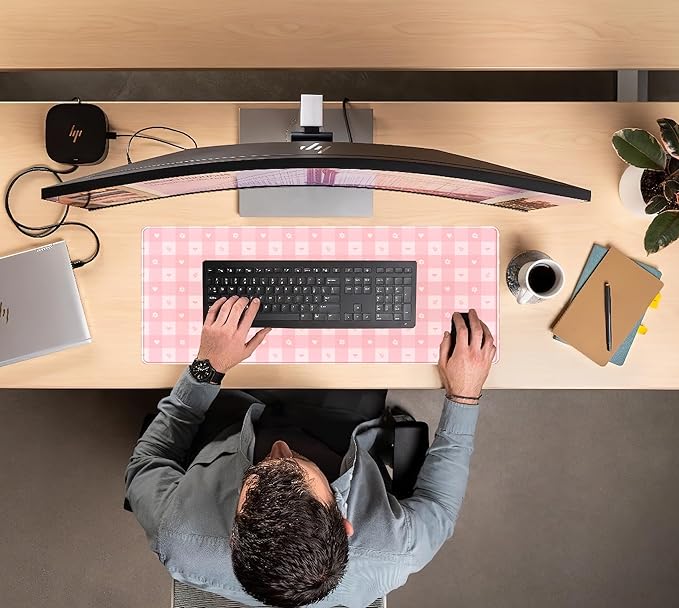 Pink Minimalist Gingham Floral Desk Mat Gaming Mouse Pad Large Cute Pastel Desk Pad Deskmat Kawaii, Women Office Desk Cover Mat, Laptop Computer Keyboard Mat Mousepad Desk Accessories 31.5"x11.8"