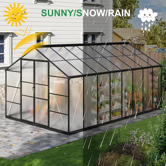 WKM 10x16 FT Greenhouse for Outdoors, Polycarbonate Greenhouse with Roof Vent and Quick Setup Structure, Enhanced Aluminum Greenhouse for Garden Backyard, Black