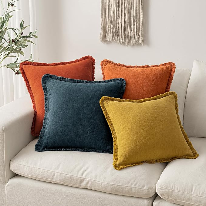 MIULEE Decorative Throw Pillow Covers Neutral Linen Fringe Throw Pillows Set of 2 Burnt Orange Boho Farmhouse Cushion Covers with Tassels for Couch Sofa Bed Living Room Home Decor 18x18 Inch