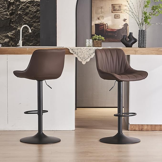 YOUNIKE Bar Stools Set of 2, Faux Leather Padded Bar Stool Counter Height Swivel Bar Chairs, Adjustable Barstools with Back for Kitchen Island, Modern Tall Bar Stools with 300LBS Support, Brown