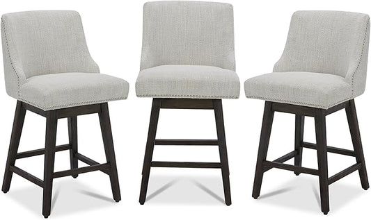 CHITA Counter Height Swivel Bar Stools Set of 3, FSC Certified Upholstered Counter Stools, Modern Swivel Barstools with Wood Legs for Kitchen Island, 26" Seat Height, Fabric in Ivory