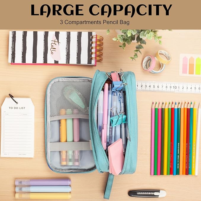 Pencil Case Big Capacity Pen Pouch Large Storage Holder Marker Pen Bag Durable 3 Compartment School Office Desk Organizer Portable Cute Zipper Stationery for Kids Teen Student Boys Girls Adults