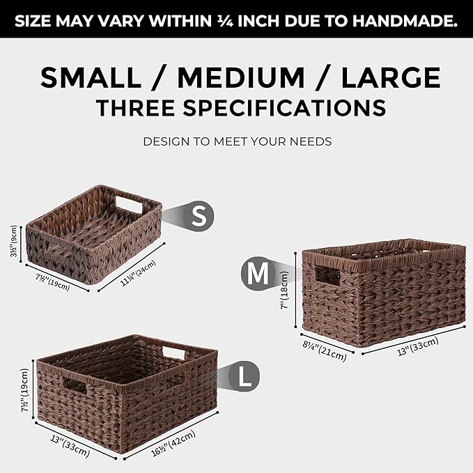 GRANNY SAYS Wicker Storage Baskets for Shelves, Wicker Baskets for Organizing, Waterproof Woven Basket for Pantry, Rectangle Basket for Shlef, Brown, 2-Pack