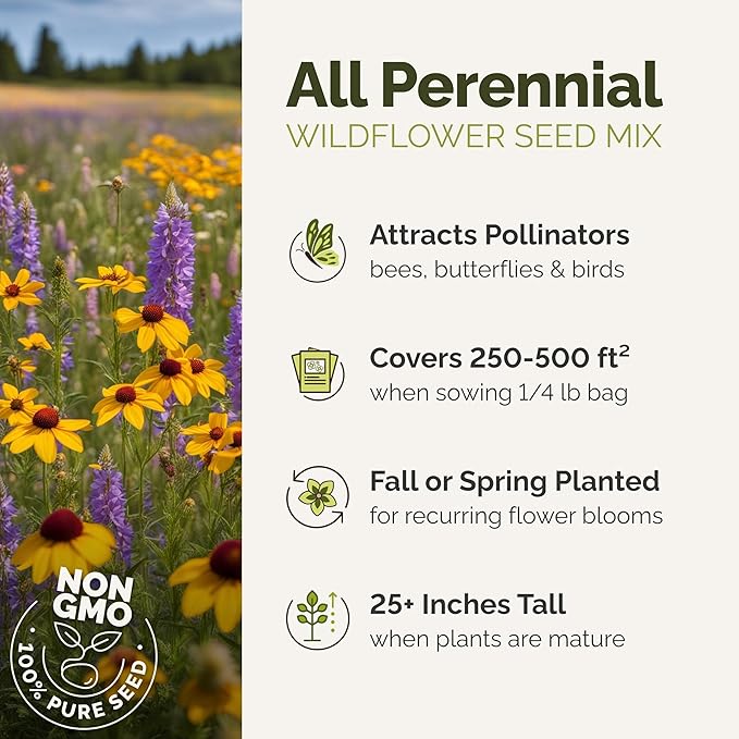 Eden Brothers All Perennial Wildflower Mixed Seeds for Planting, 25 lb, 12,000,000+ Seeds with Lupine, Shasta Daisy | Attracts Pollinators, Plant in Spring or Fall, Zones 3, 4, 5, 6, 7, 8, 9, 10