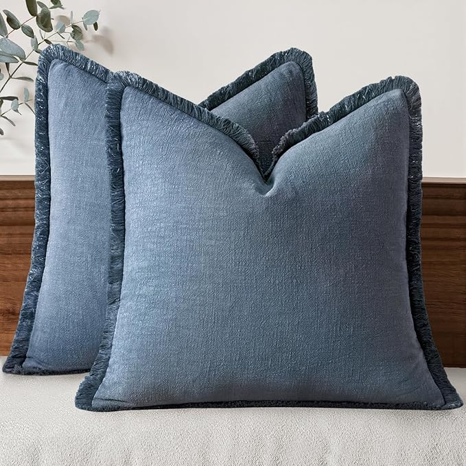 MIULEE Decorative Throw Pillow Covers Neutral Linen Fringe Throw Pillows Set of 2 Blue Ashes Boho Farmhouse Cushion Covers with Tassels for Couch Sofa Bed Home Decor 24x24 Inch