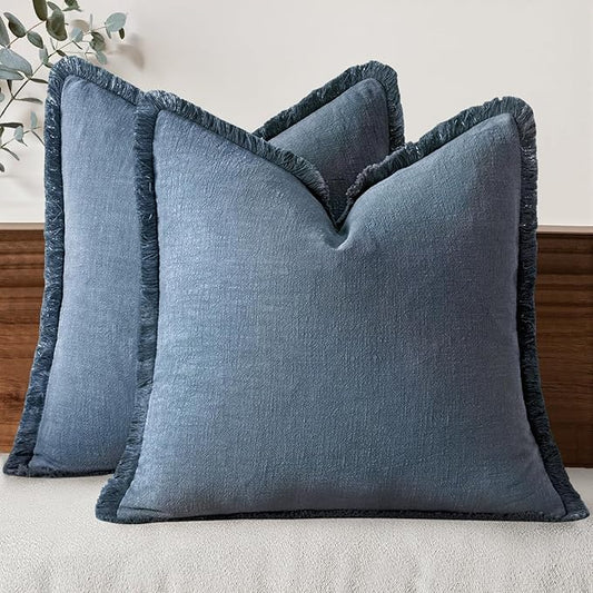 MIULEE Decorative Throw Pillow Covers Neutral Linen Fringe Throw Pillows Set of 2 Blue Ashes Boho Farmhouse Cushion Covers with Tassels for Couch Sofa Bed Home Decor 24x24 Inch