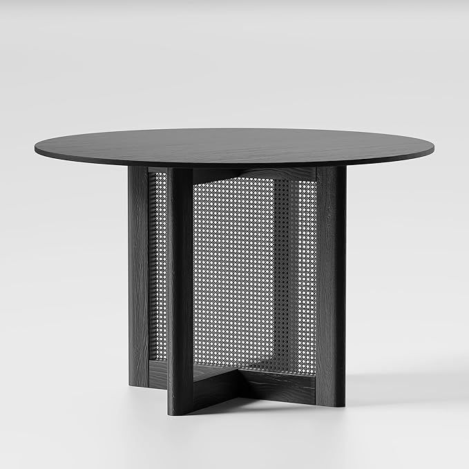 Casaphoria 46" Dining Table for 4, Wood Kitchen Table with Scratch-Resistant Top & Rattan Base, Modern Farmhouse Round Small Table for Living Room, Kitchen, Easy Assembly, Black (Chairs not Included)
