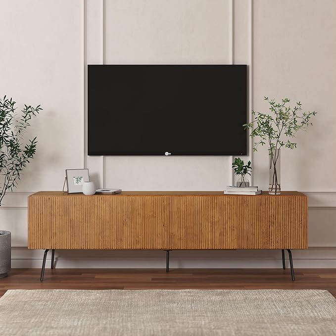 NTC Veil TV Stand with 4 Doors for TVs up to 75’’, Media Console with Vertical Groove Design and Metal Legs, Modern Entertainment Center for Living Room and Bedroom, Effortless Assembly, Teak Look