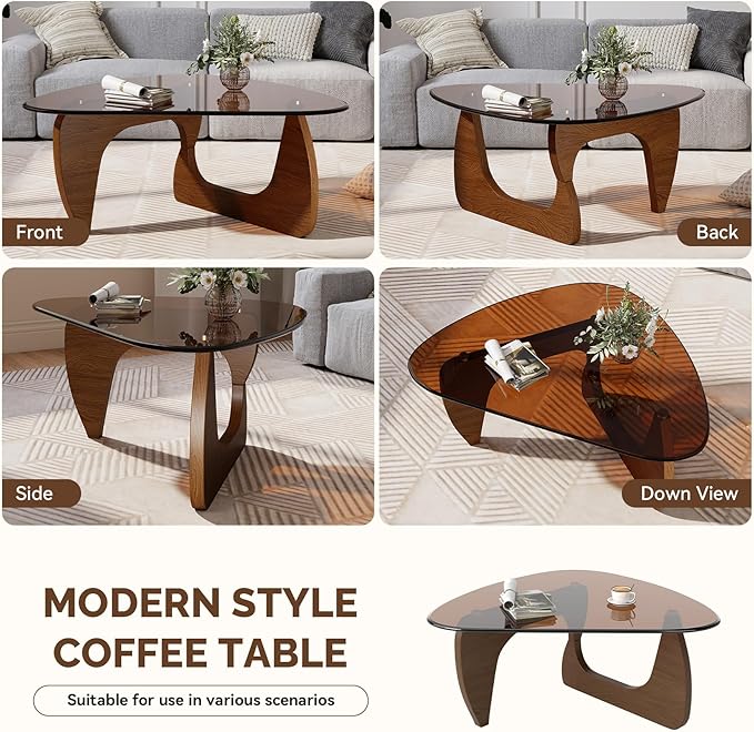 Modern Glass Coffee Table, Triangle Center Table with Tempered Glass Top& Unique Wooden Base, 42.5” Mid Century Tea Tables for Living Room, Apartment, Office,Walnut & Brown