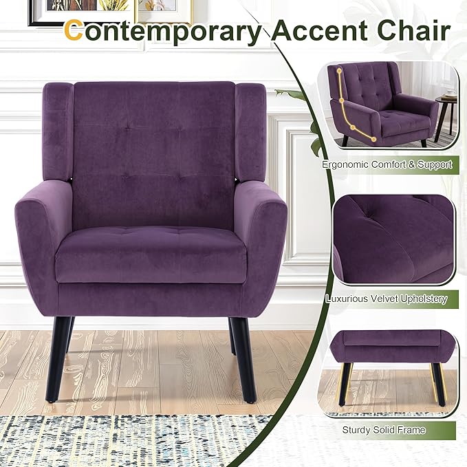 NicBex Accent Chair Set of 2, Modern Chair for Living Room Upholstered Foam Filled Living Room Chairs with Metal Legs Velvet Cozy Lounge Armchair for Living Room Bedroom,Lavender Purple