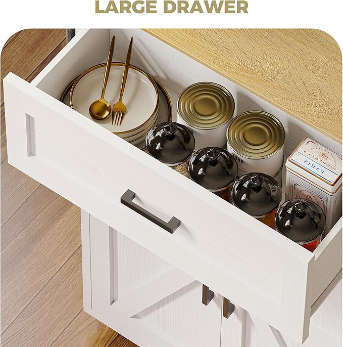 IRONCK Kitchen Island Table with Storage, Rolling Kitchen Cart with Power Outlet, Storage Cabinets on Wheels with Drop Leaf, Portable for Dining Room, White