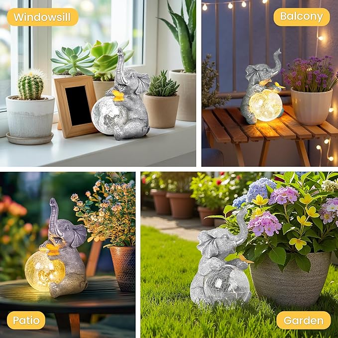 Solar Garden Outdoor Statues for Women, Mom, Grandma. Glass Globe Elephant Figurine Housewarming and Birthday Gifts Elephant Statue Decor for Backyard, Patio, Balcony, Lawn, Pond