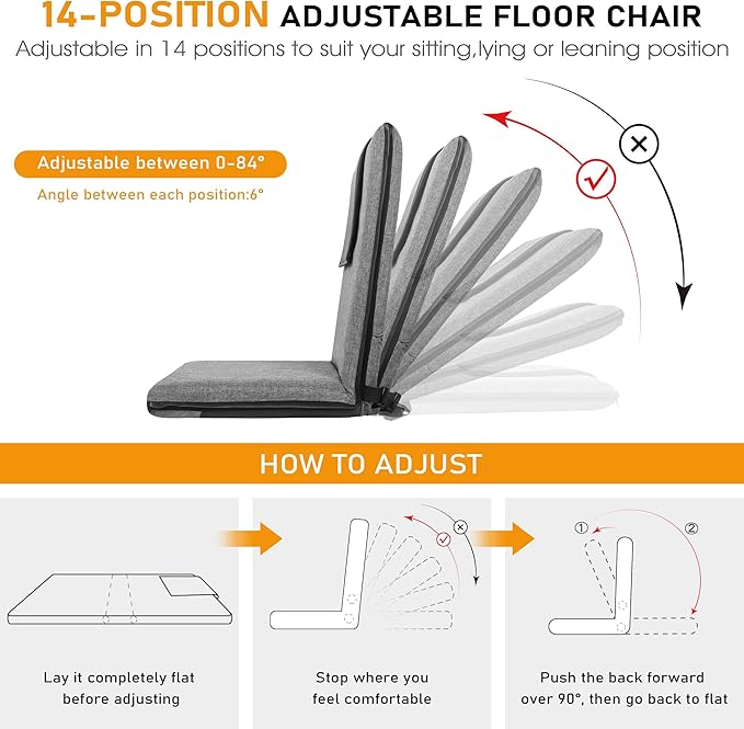 Floor Chair with Back Support 14-Position Adjustable Floor Chair Portable Ground Seating for Adults & Kids Foldable Meditation Seat with Japanese KOYO Bearings & Washable Linen Cover (Grey)