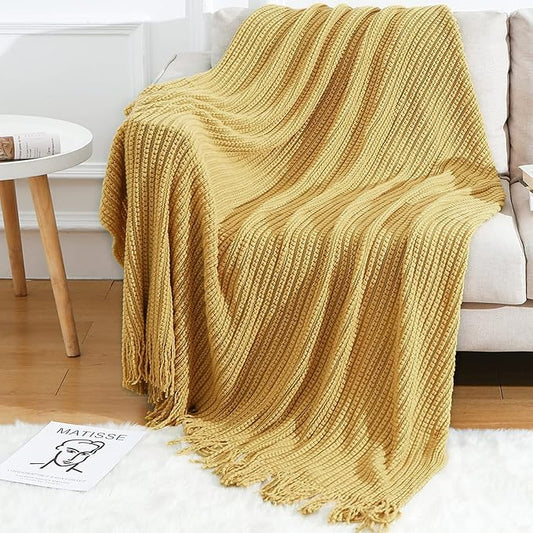 Blagic Knitted Throw Blanket for Couch Soft Farmhouse Boho Throw Blanket with Tassels Home Decorative Lightweight Throw Blankets,Mustard Yellow Throws for Bed/Chair/Sofa, Wheat Textured,50" W x 60" L