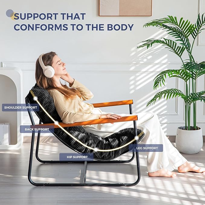 MAXYOYO Modern Accent Chair, Comfy Living Room Chair with Metal Frame Wooden Armrest, Upholstered Armchair with Soft Cushion for Bedroom Balcony Lounge Reading Room, Black