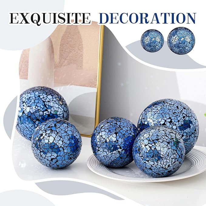 8 Pcs 3'' 4'' Decorative Ball for Centerpiece Bowls Glass Mosaic Sphere Decorative Orbs for Bowl Vase Fillers Christmas Wedding Party Dining Room Table Decor(Blue)
