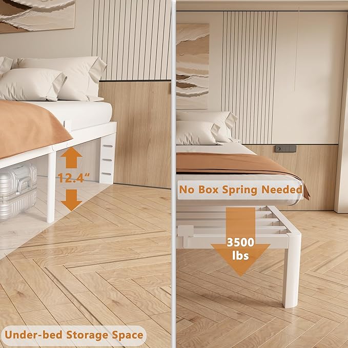 14 Inch Bed Frame Full Size with Metal Gaskets, Heavy Duty Steel Support 3500 LBS, No Box Spring Needed, DIY Headboard, Anti-Slip Mattress Stopper, Round Corner Leg, Easy Assembly, White