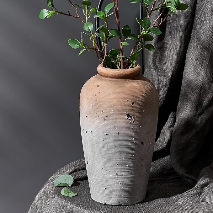 Large Ceramic Rustic Vase, 11 inch Minimalist Decorative Farmhouse Tall Vase for Home Decor, Living Room, Shelf Decor, Enterway, Wedding, Table Decoration, Brown