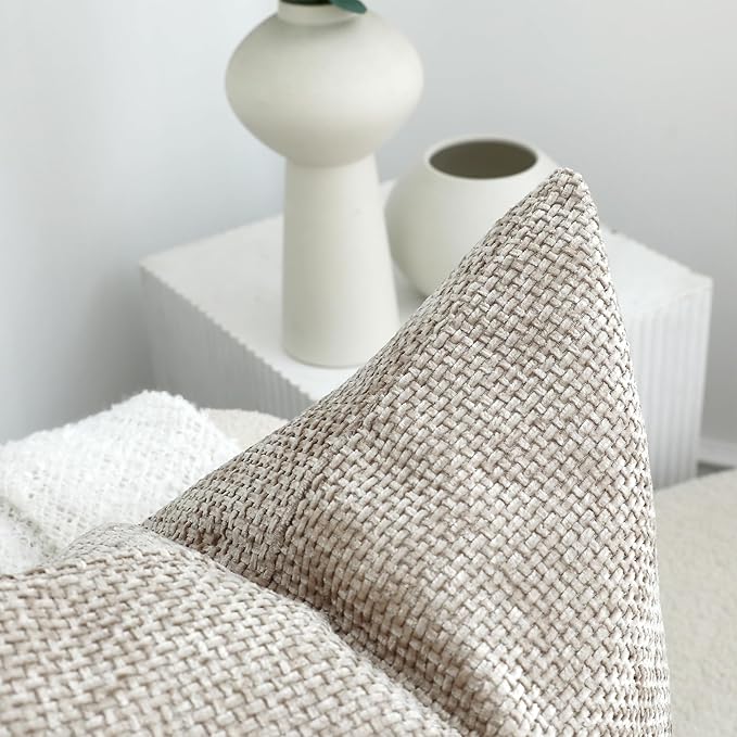 Stellhome Pack of 2 Woven Textured Decorative Throw Pillow Covers Soft Chenille Accent Luxury Cushion Cases for Living Room Couch Bed Sofa Farmhouse Boho Home, 16x16 inch, Light Brown