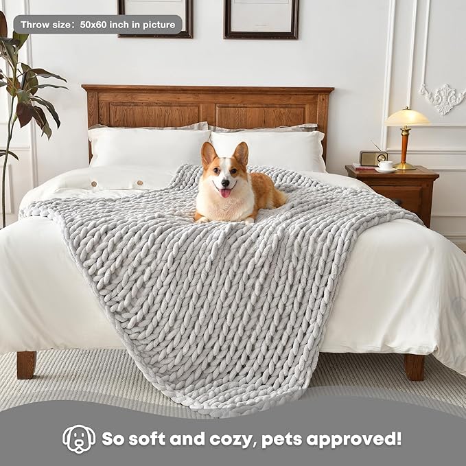 Soft Chunky Knit Blanket, 60X80In Handmade Thick Chenille Yarn Throw Without Shedding & Raveling, Aesthetic & Cozy Home Decor with Couch Sofa Bed, Gift Pack, Light Grey