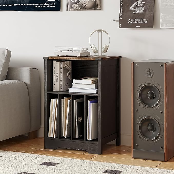 ChooChoo Record Player Stand, Vinyl Record Storage Cabinet, Turntable Stand Holds up to 160 Albums, Record Player Table Display Shelf for Living Room, Bedroom, Office, Vintage Black