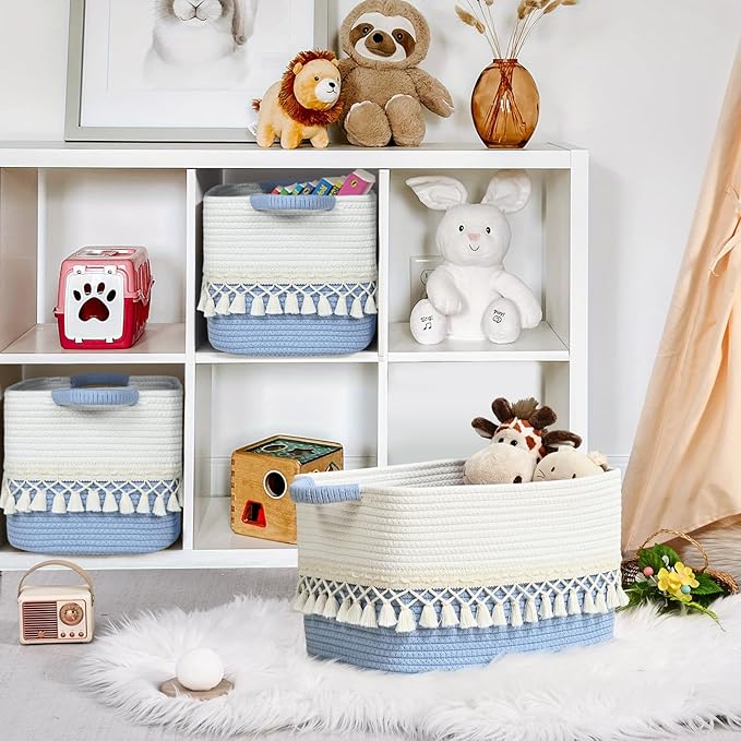 3 Pack Storage Basket for Shelves, Boho Cotton Rope Storage Bins with Heavy Tassel, Shelf Baskets Large Woven Baskets for Organizing, Cube Organizer Bins, Baby Laundry Basket for Clothes, Toys, Pets