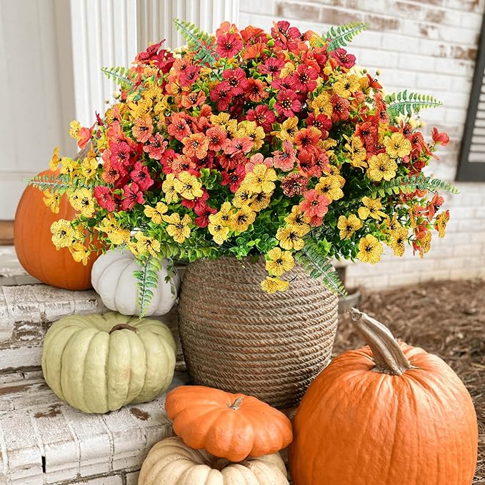 Artificial Fake Fall Mums Flowers Plants Outdoor,18 Bundles Faux Plants Outside No Fade Plastic UV Resistant for Front Door Porch Patio Balcony Garden Yard Decorations