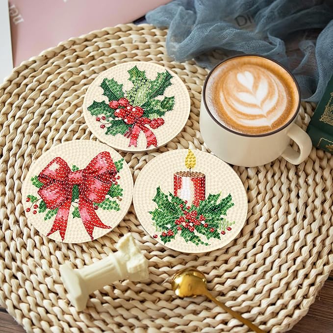 eniref 8 Pcs Christmas Diamond Art Coasters Kits with Holder, Chirstmas Bell Candy Candle Diamond Pinting Coasters Acrylic Cup Coaster with Cork Pads for Tabletop Protection 10×10 CM