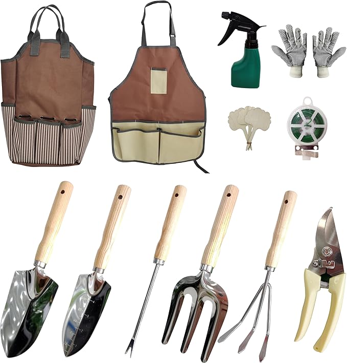 Garden Tools Set, 12 Piece Stainless Steel Hand Tool Kit with Wooden Handle, Heavy Duty Gardening Tools Include Trowel, Spade Shovel, Cultivator, Rake, Shears, Weeder, Gloves with Tool Bag