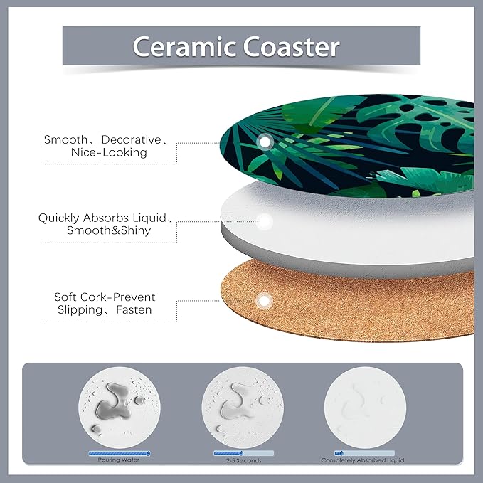 Drink Coasters Set of 6 with Holder,Tropical Palm Leaves Green Absorbent Ceramic Coasters with Cork Base,Fit All Cups,Tabletop Protection Mat for Mugs and Cups,Office,Kitchen