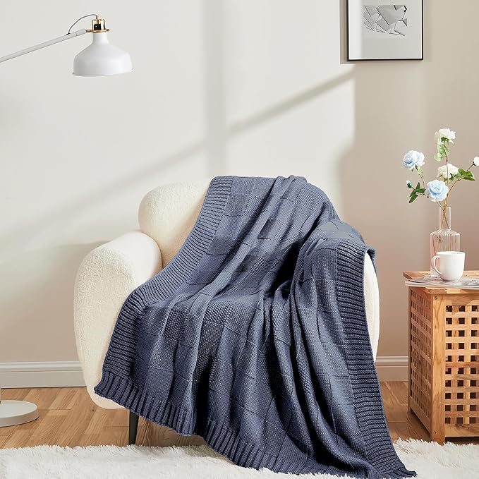 CozeCube Check Knit Throw Blanket, Steel Blue Checkered Throw for Couch, Decorative Christmas Soft Cozy Warm Knitted Blanket for Bed Sofa Living Room, 60"X80"