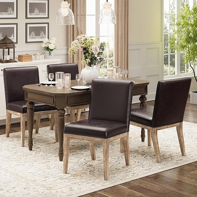 Wooden Dining Chairs Set of 4, Modern Leather Upholstered Dining Room Chair, Kitchen Side Chairs, Farmhouse Dinner Chair with High Back for Kitchen, Brown