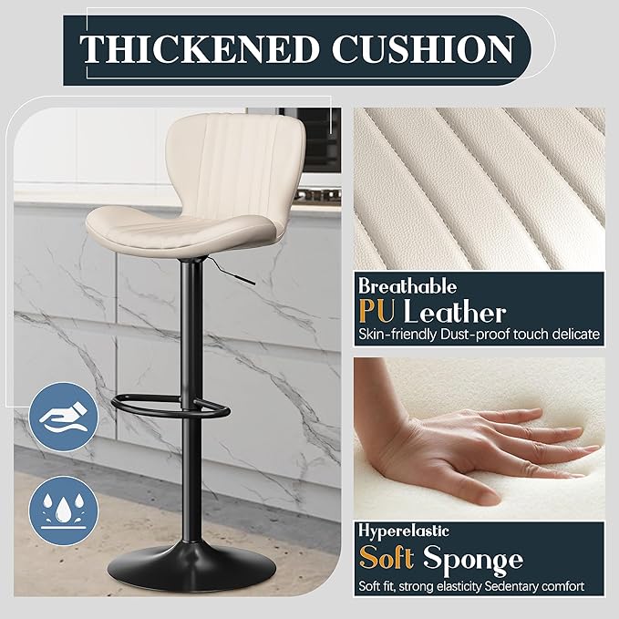 SUNLEI Swivel Bar Stools Set, Barstools Counter Height with Shell Shaped Backrest, Adjustable Moder Stools Pu Leather Bar Stools for Kitchen Counter, Island, Bar, Dining Room(White, Set of 6)