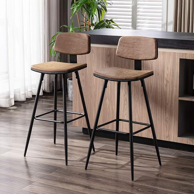 Modern Bar Stools 29 Inch Counter/Bar Height Barstools Set of 2 Leather Upholstered Barstool Chairs with Low Back for Kitchen Island, Dining Table & Breakfast Bar, Brown