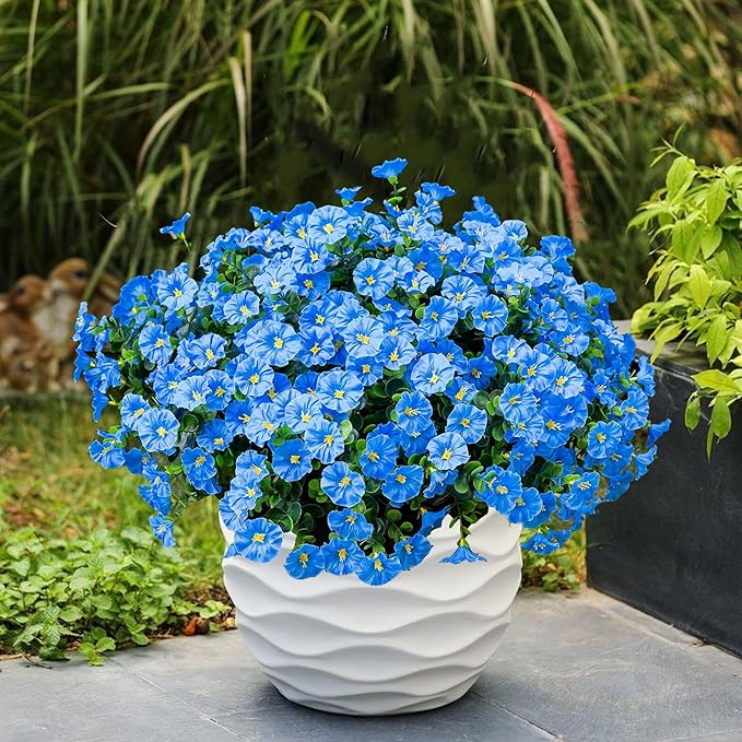 Artificial Outdoor Flowers 16 Bundles Fake Morning Glory Flower Outdoor UV Resistant Plastic Faux Flowers Plants for Decoration Indoor Outdoor Hanging Window Box Planter Home Porch Decor (Blue)