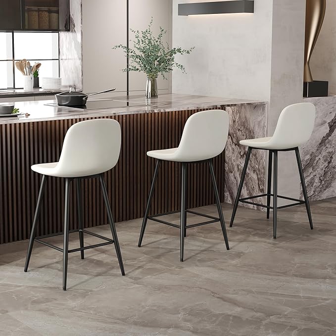 White Bar Stools Set of 2,Faux Leather Counter Height Bar Stools,24.6" Bar Chairs with Back Metal Footrest,Modern Counter Stool with Back and Footrest for Kitchen Island Restaurants Pubs