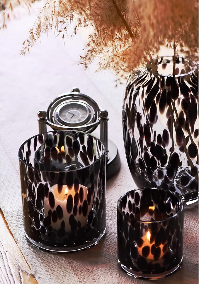 CONVIVA Decorative Glass Vase and Candle Holder Set, Fall Home Decor 3-Piece, Black Tortoise Pattern