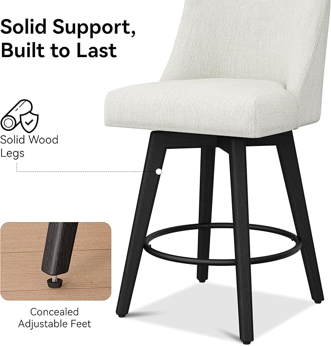 Counter Height Bar Stools Set of 2, Modern Swivel Barstools with Back and Wood Legs, Linen Fabric Upholstered Counter Height Stools, 26" H Kitchen Island Stools, Home Bar, Pub, Ivory