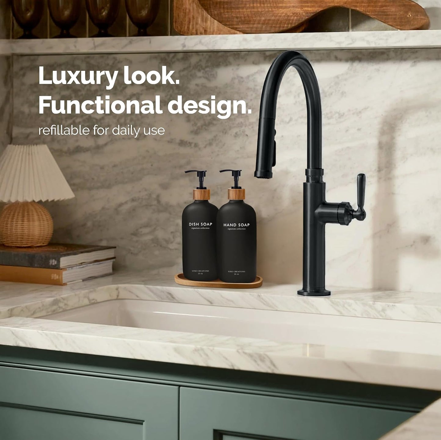 Vine Creations Black Glass Soap Dispenser Set, Hand Soap and Dish Soap Dispenser Set with Bamboo Tray, 16 oz Glass Dispensers Bottle for Kitchen and Bathroom Decor Modern Boho with Bamboo Pump (Black)