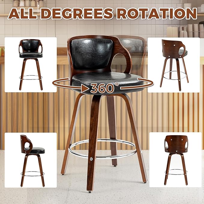 ECOTOUGE Swivel Bar Stools Set of 4, Walnut Faux Leather Counter Height Barstools with Bentwood Back and Footrest, for Dining Room, Kitchen Island and Pub, Black