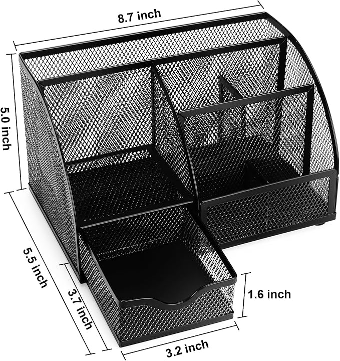 Comix Mesh Pen Pencil Holder Desk Organizer, 7 Compartment Wire Desktop Pen Pencil Cup Caddy Office Supplies for Home Office School, Black
